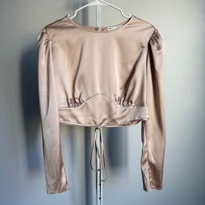 ASOS Design Satin Crop Top‎ pink satin soft girl Long Sleeve Blouse Party US 14